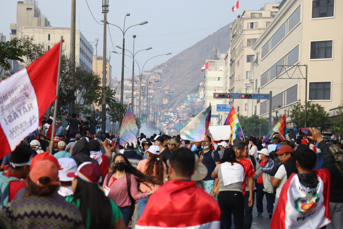 Demonstrators protest in the centre of Lima